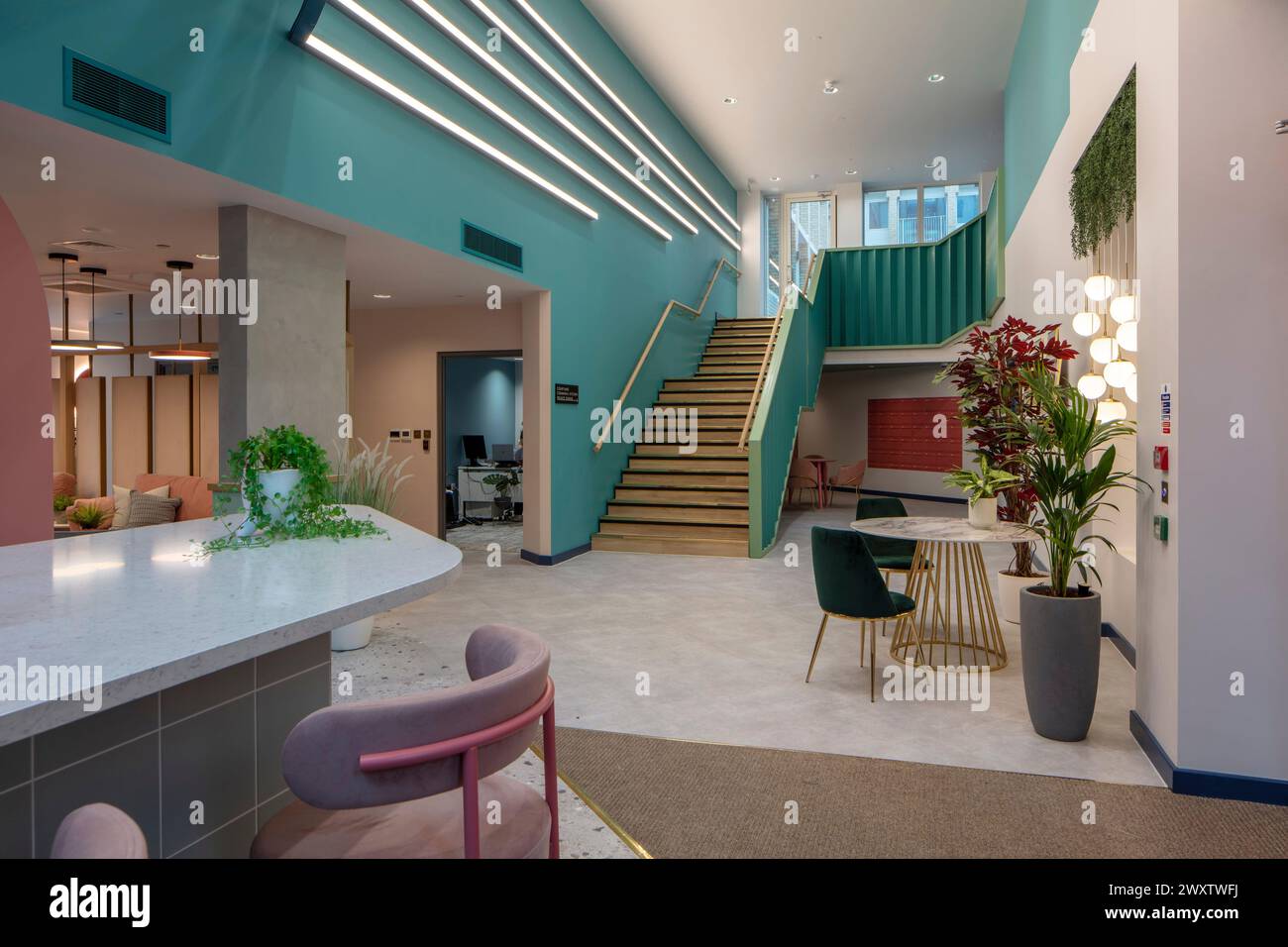Student accommodation by Novel. Entrance lobby. Wick Park, London, United Kingdom. Architect: Ayre Chamberlain Gaunt , 2023. Stock Photo