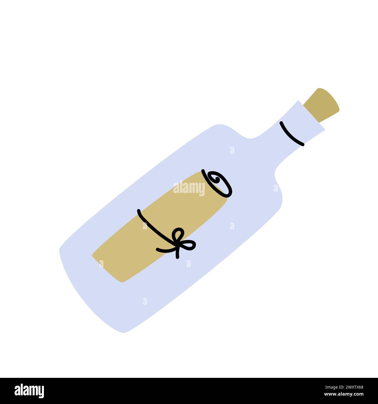Pirate childish adventure bottle with letter message. SOS signal and rescue symbol icon. Doodle illustration with paper scroll in bottle. Cartoon illu Stock Vector