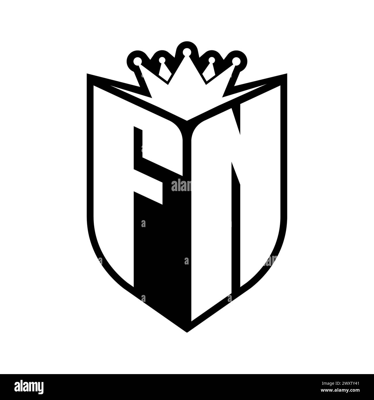FN Letter bold monogram with shield shape and sharp crown inside shield ...