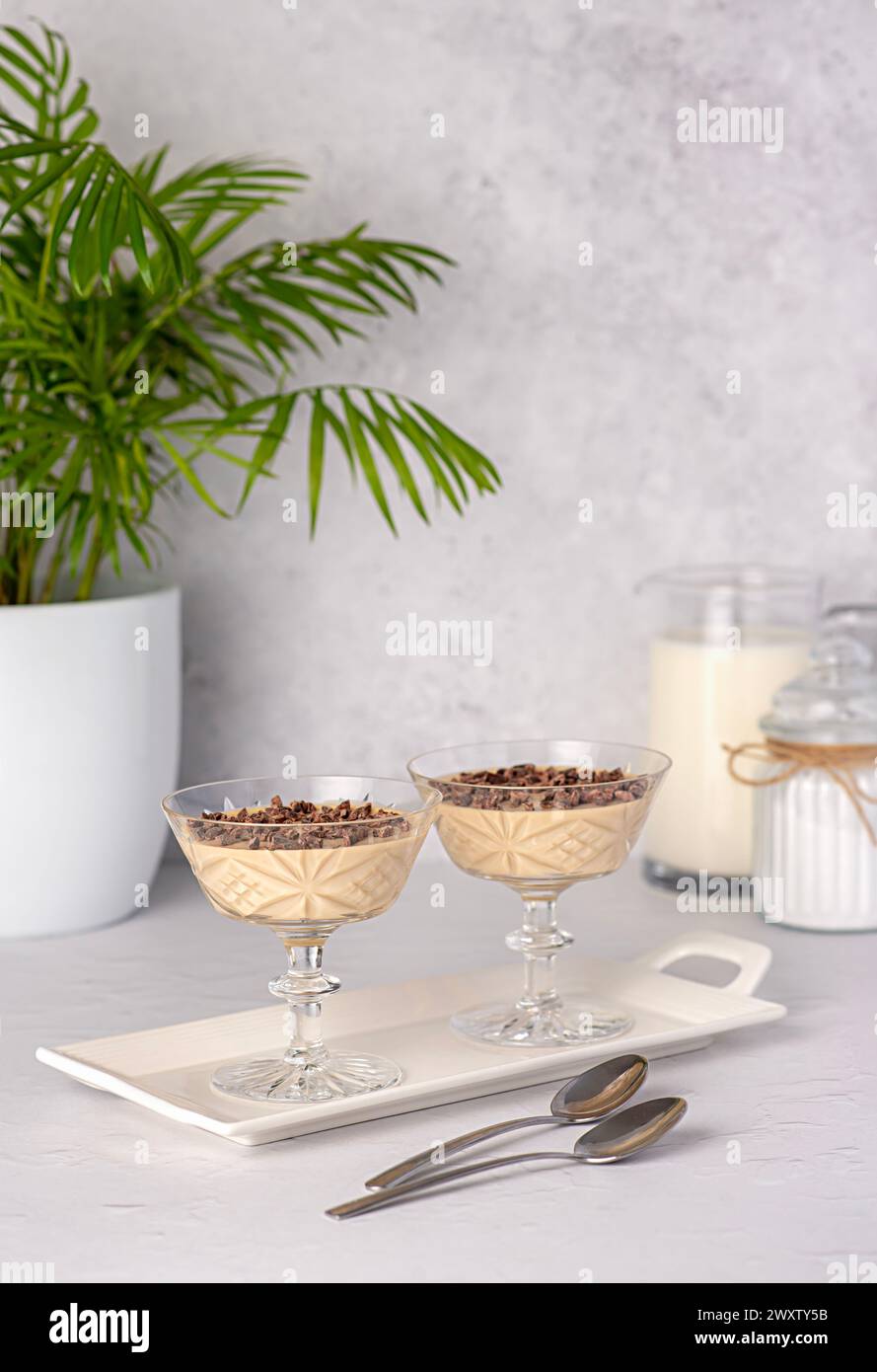 Food photography of dessert, panna cotta; vanilla; milk; cream