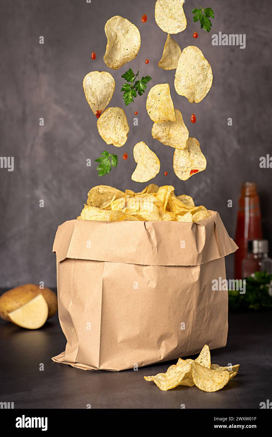Food photography of potato crisp, chips, crunchy, crispy, salted