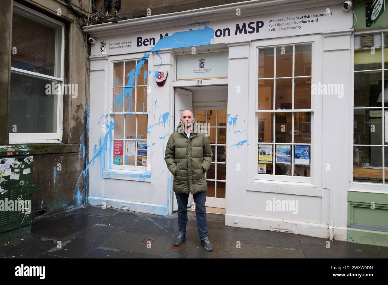 Edinburgh Scotland, UK 02 April 2024.  MSP Ben Macpherson outside his constituency office in Leith which was vandalised with blue paint.  credit sst/alamy live news Stock Photo