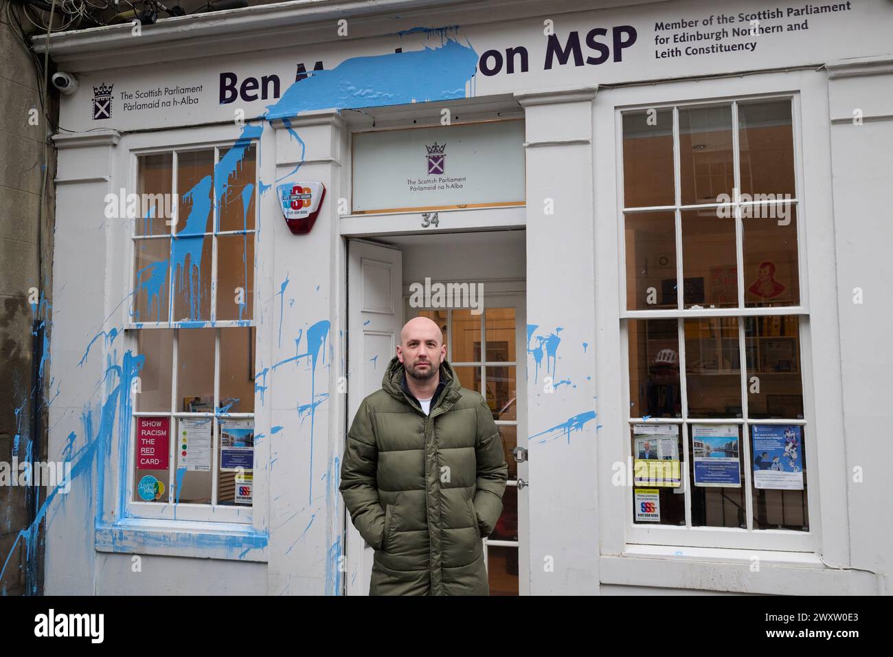 Edinburgh Scotland, UK 02 April 2024.  MSP Ben Macpherson outside his constituency office in Leith which was vandalised with blue paint.  credit sst/alamy live news Stock Photo