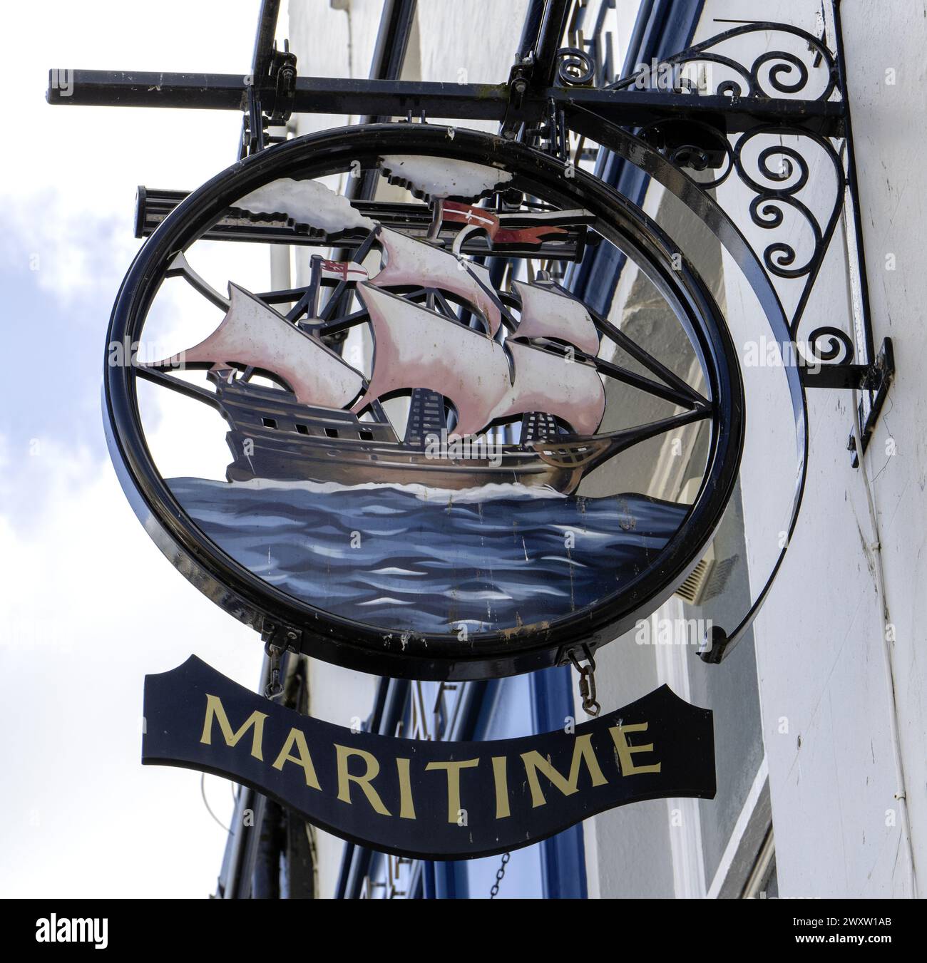 Traditional hanging pub sign at The Maritime Inn - public house - Southside Street, Plymouth, Devon, England, UK Stock Photo
