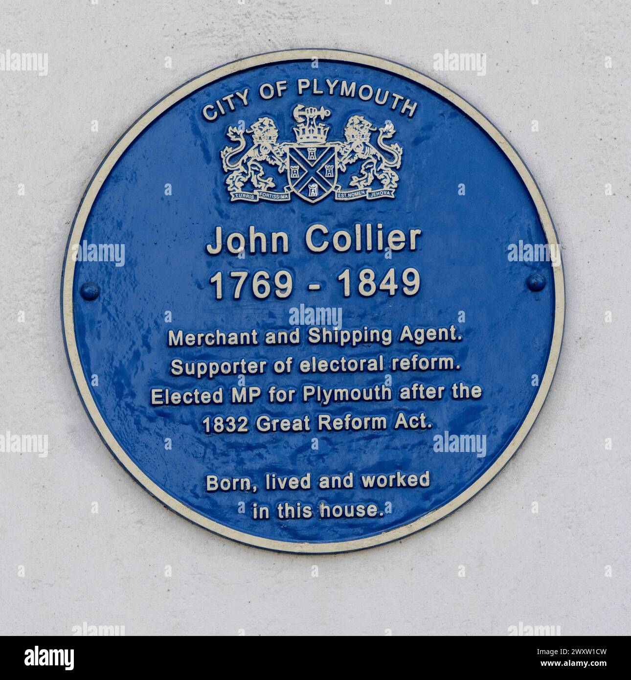 Heritage blue plaque commemorating John Collier 1769 - 1849 on Southside Street, Barbican, Plymouth, Devon, England, UK Stock Photo