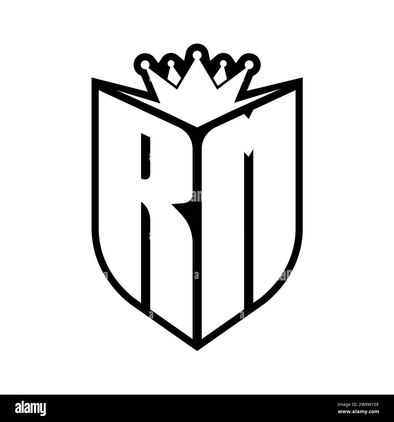 RM Letter bold monogram with shield shape and sharp crown inside shield black and white color design template Stock Photo