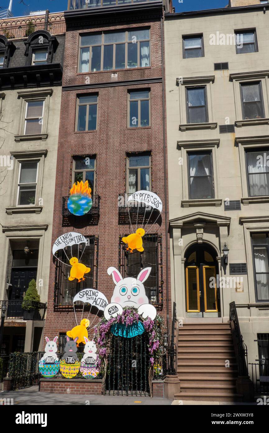 A brownstone in Murray Hill uses Easter decorations to warn of climate