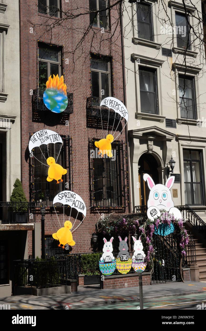 A brownstone in Murray Hill uses Easter decorations to warn of climate
