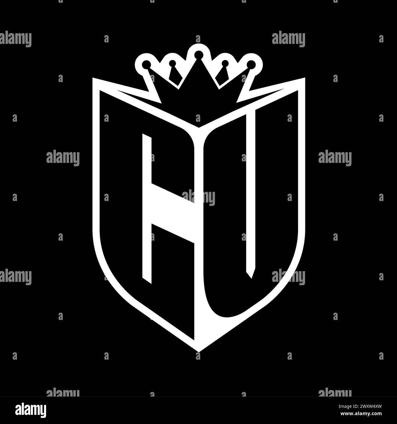 CV Letter bold monogram with shield shape and sharp crown inside shield black and white color design template Stock Photo