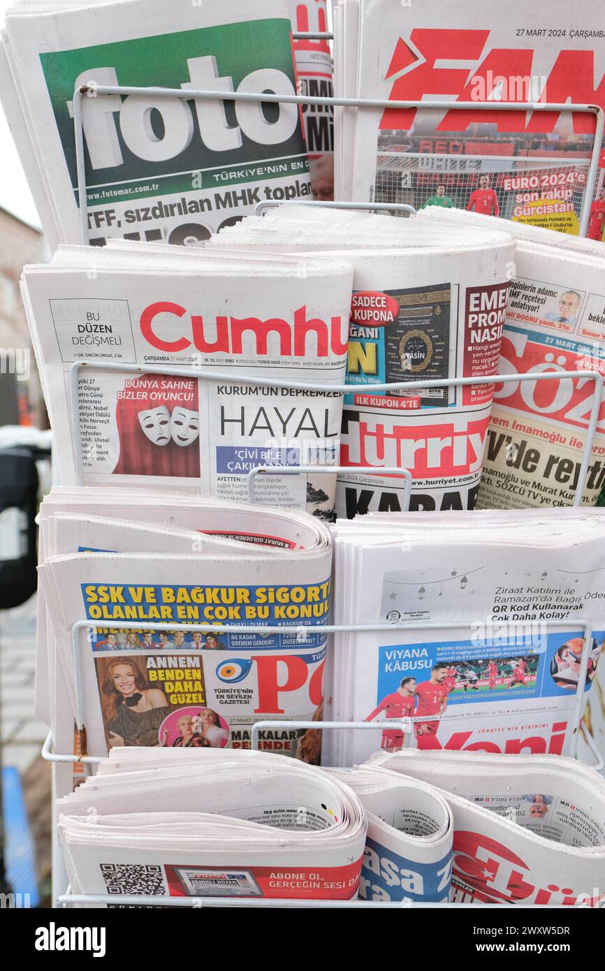 Istanbul Turkey - a selection of newspapers on sale at a street kiosk in March 2024 Stock Photo