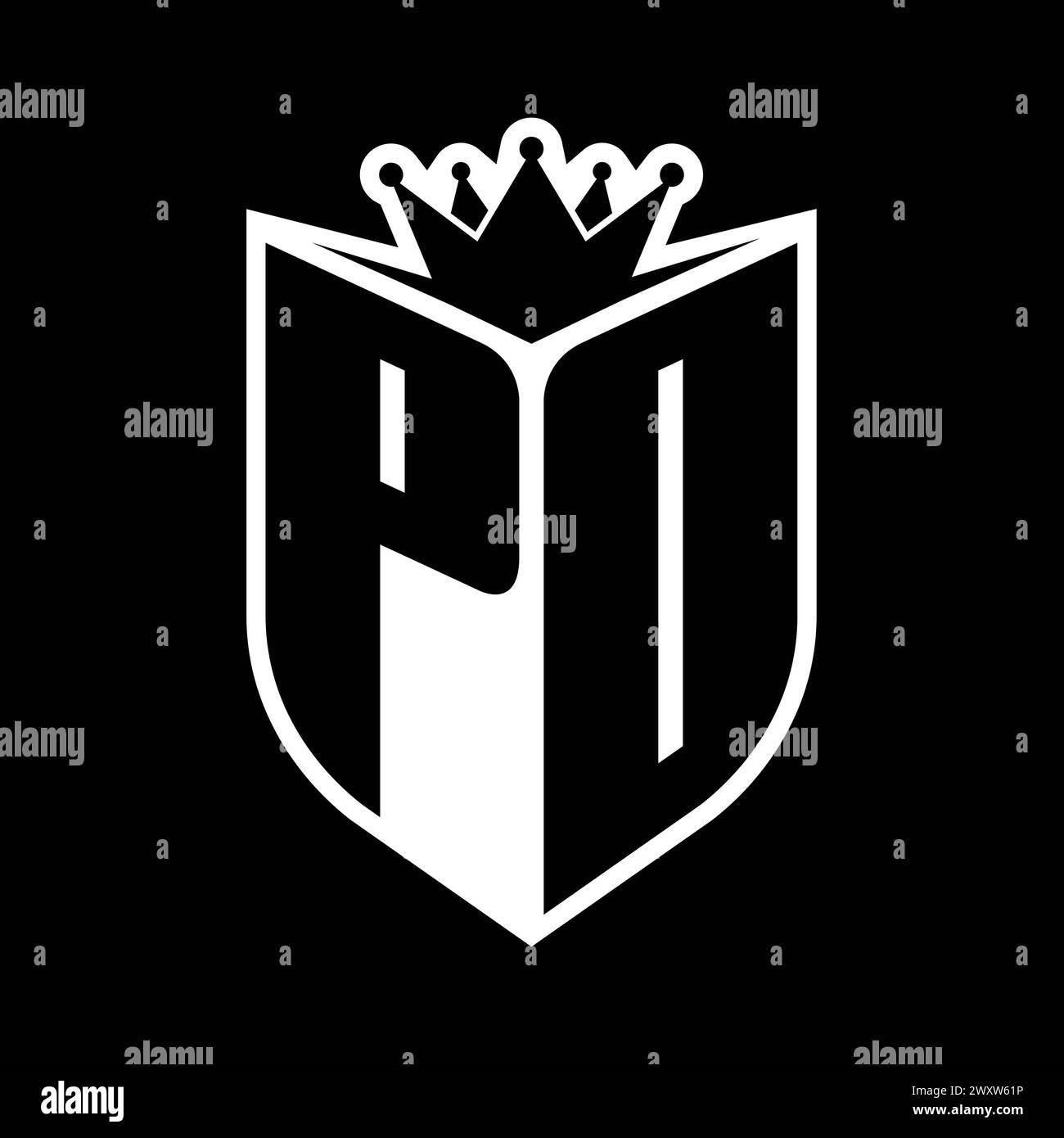 PO Letter bold monogram with shield shape and sharp crown inside shield ...