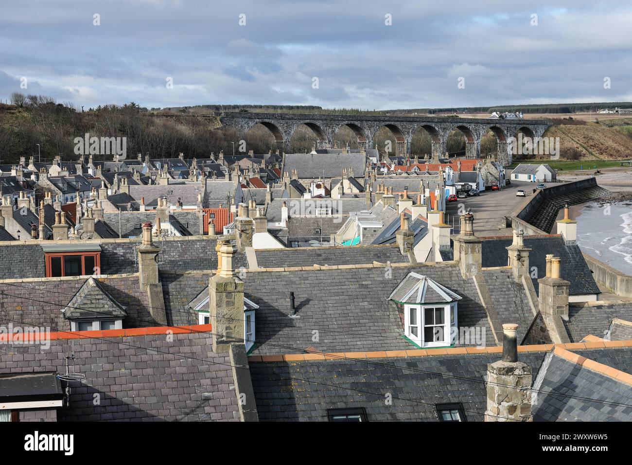 The view over the rooftops in the coastal village of Cullen in Spring, Moray, Scotland, UK Stock Photo