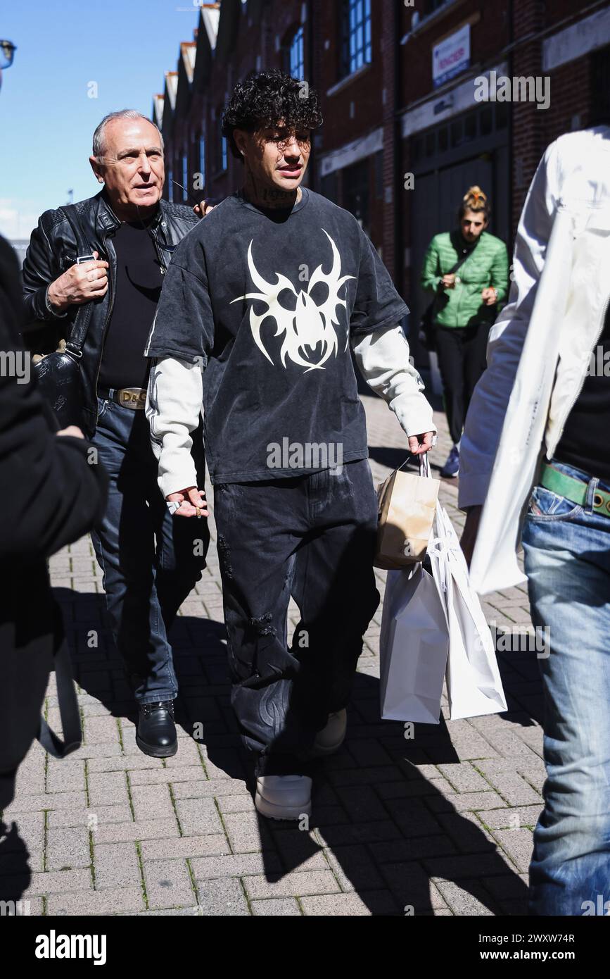 Milan, Italy. 02nd Apr, 2024. Milan, Arrivals of the TV show Cattelan is on Rai 2 tonight at the studios in Via Mecenate. In the photo: Tony Effe Credit: Independent Photo Agency/Alamy Live News Stock Photo