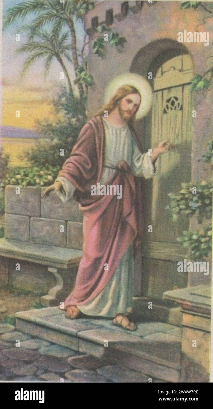 vintage holy card Jesus at the Door (Jesus Knocking at the Door)  Jesus blessing. Additional-Rights-Clearences-Not Available Stock Photo