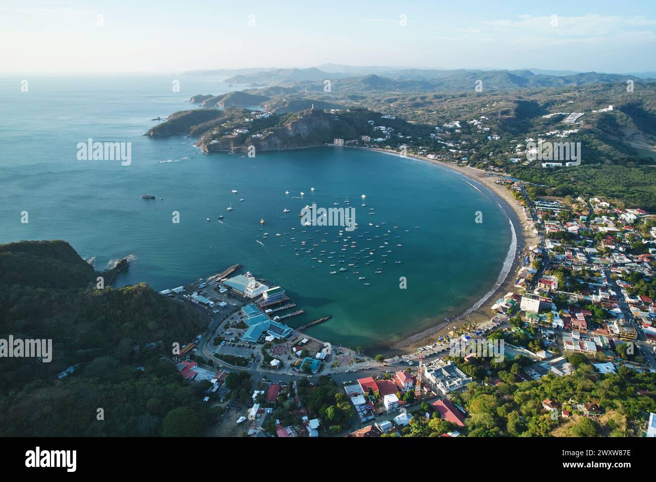 Green sea bay in San Juan Del Sur aerial drone top view Stock Photo