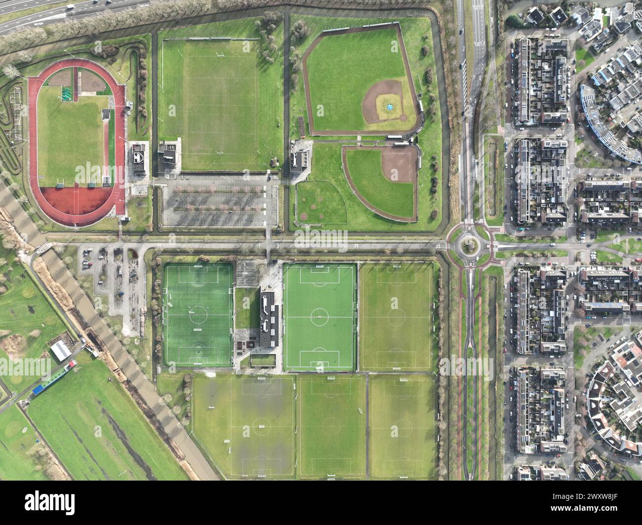 Amateur sports field, aerial top down images, outlines of different types of sports fields. Complex facility overview. Stock Photo