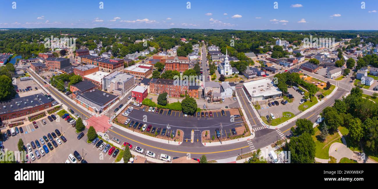 Hudson historic town center aerial view including Unitarian Church Marlborough and Town Hall on Main Street in town of Hudson, Massachusetts MA, USA. Stock Photo