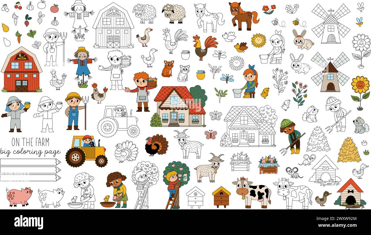Big vector farm coloring pages set. Rural colored and black and white icons collection with funny kid farmers, barn, country house, animals, birds, tr Stock Vector
