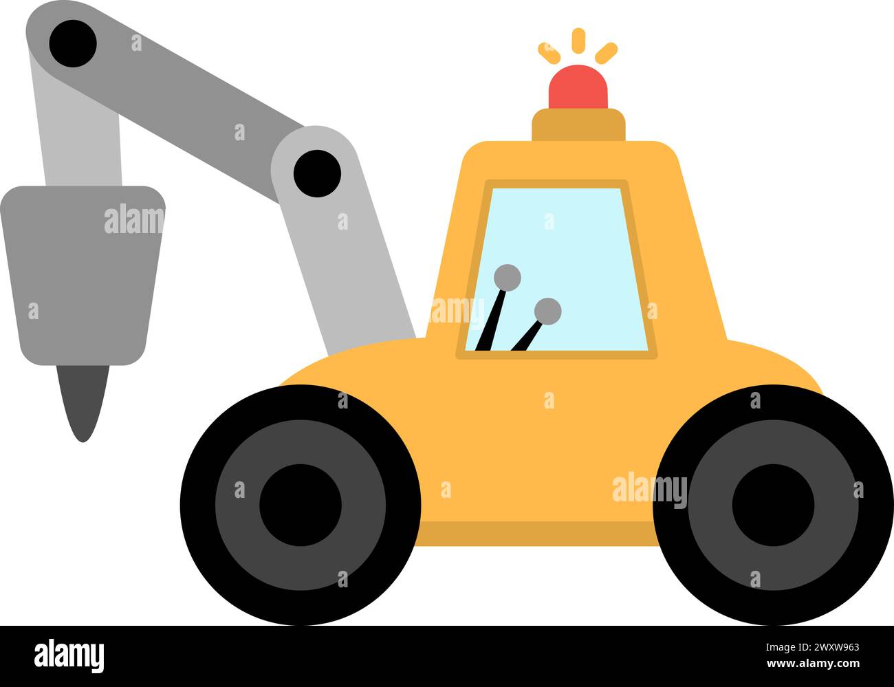 Vector tractor with hydro hummer. Construction site and road work flat icon. Building transportation clipart. Cute special transport or repair service Stock Vector