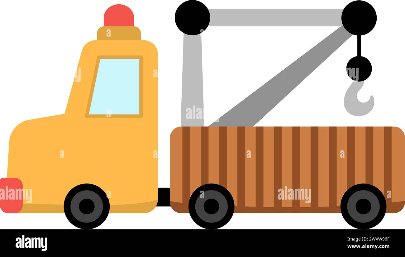 Vector tow truck. Construction site and road work flat icon. Building transportation clipart. Cute special transport or repair service illustration. Y Stock Vector