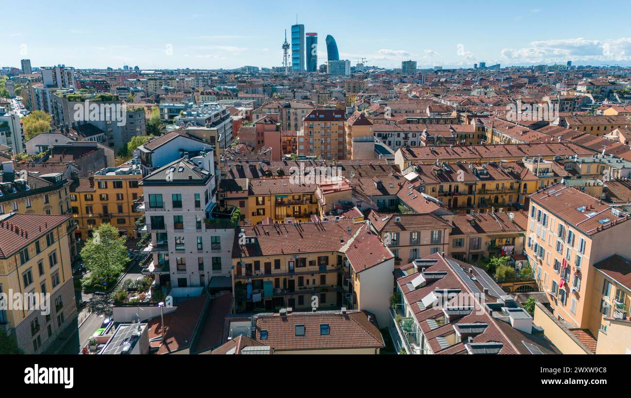 Aerial view of CityLife  with the three tower, The Straight One (Allianz Tower), The Twisted One (Generali Tower), The Curved One. Milan Italy Stock Photo