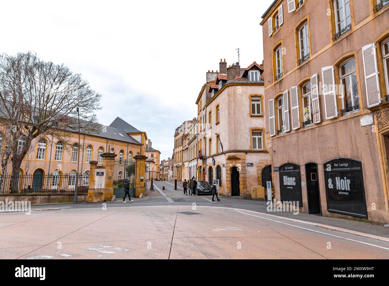 Metz, France - January 23, 2022: Street view and typical french buildings in the city of Metz, France. Stock Photo