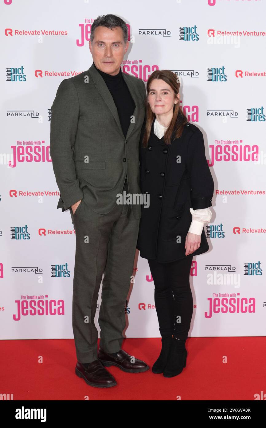 Rufus Sewell and Shirley Henderson arriving at the London premiere of The Trouble with Jessica, at the Vue West End in Leicester Square, London. Picture date: Tuesday April 2, 2024. Stock Photo