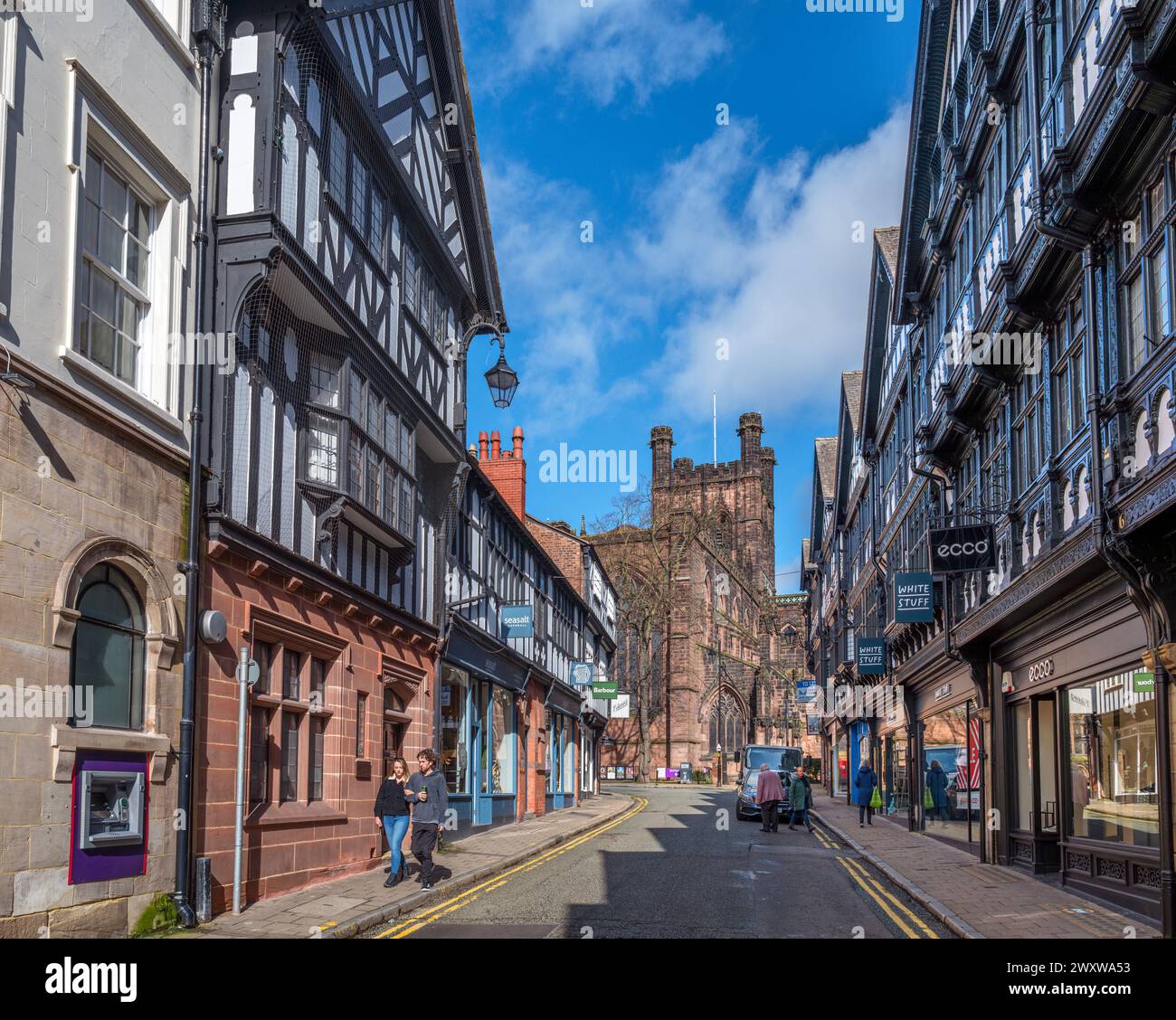 View down St Wergurch Street towards Chester Cathedral, Chester, Cheshire, England, UK Stock Photo