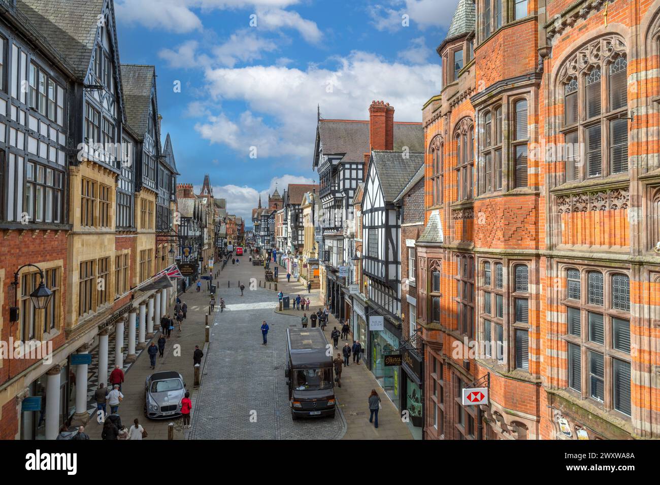 View down Eastgate Street from the footbridge by the Eastgate Clock, Chester, Cheshire, England, UK Stock Photo