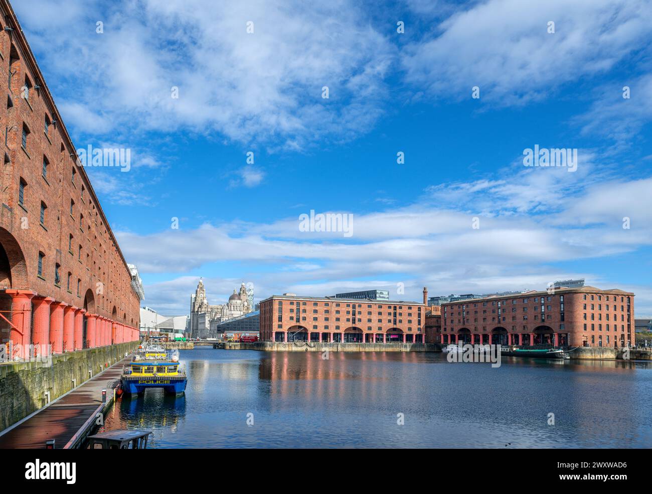 Albert Dock looking towards the Three Graces and the Museum of Liverpool, Liverpool, Merseyside, England, UK Stock Photo