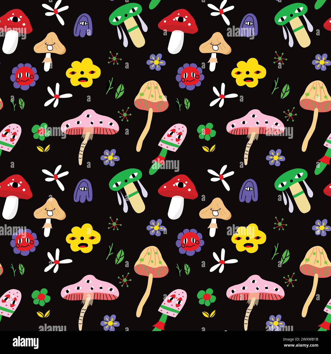 Y2k acid mushrooms seamless pattern on black background. Perfect for texture and textile, typography Stock Vector