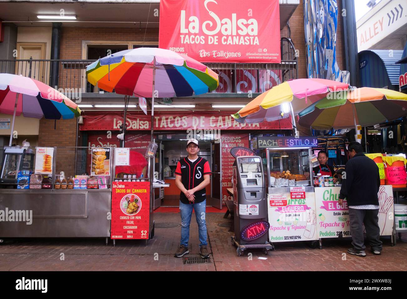 Food stands, Santee Alley, garment district, downtown Los Angeles, California, United States of America Stock Photo