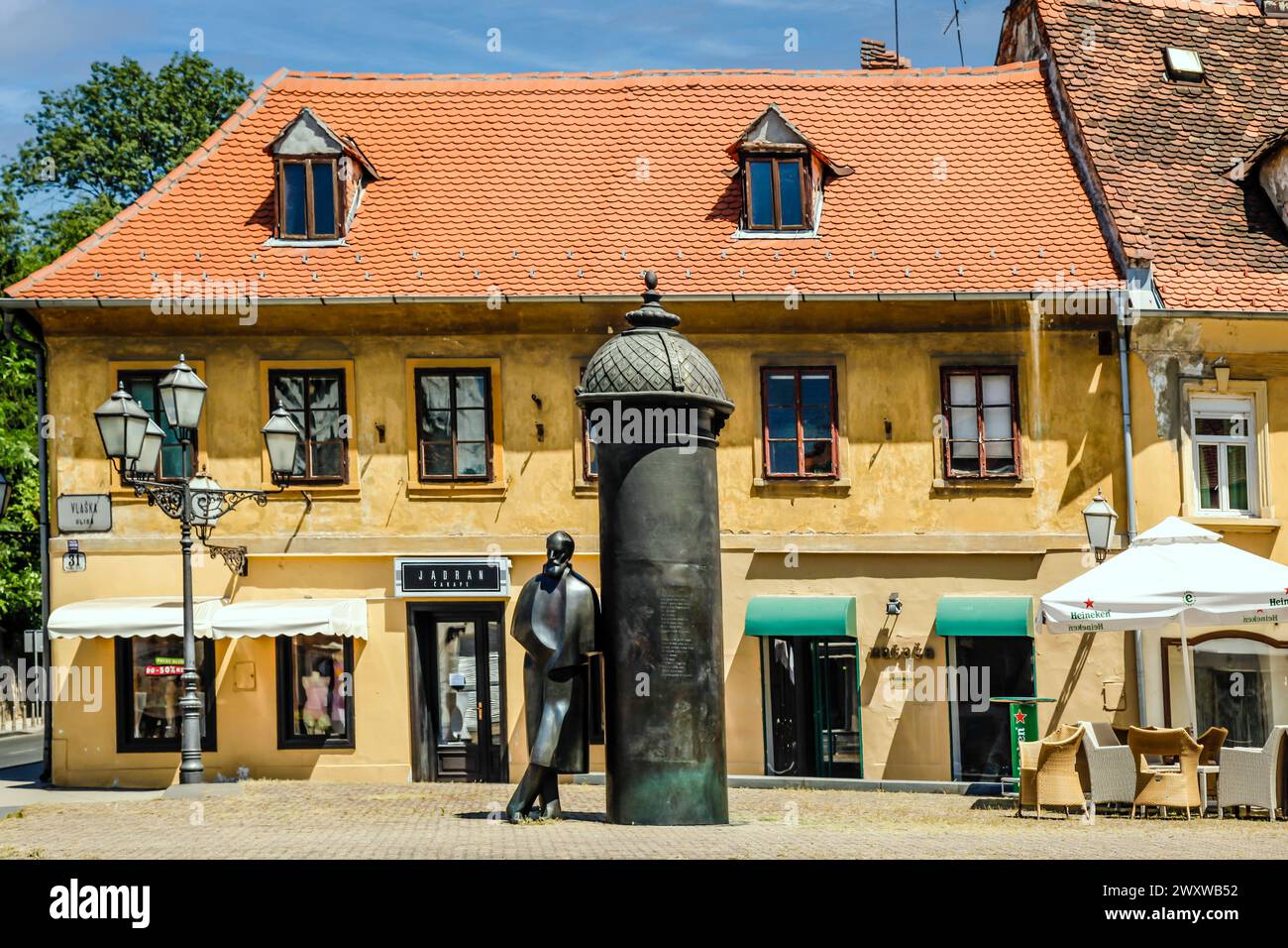 Statue of August Senoa (writer) on the corner of Vlaska Ulica in Zagreb, Croatia Stock Photo