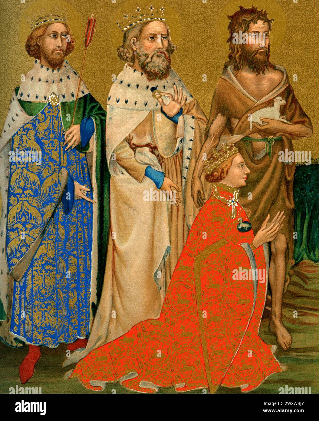 RICHARD II OF ENGLAND (1367=1400)  with his patron Saints from left: Edmund the Martyr, Edward the Confessor, John the Baptist, from the Wilton Diptych Stock Photo