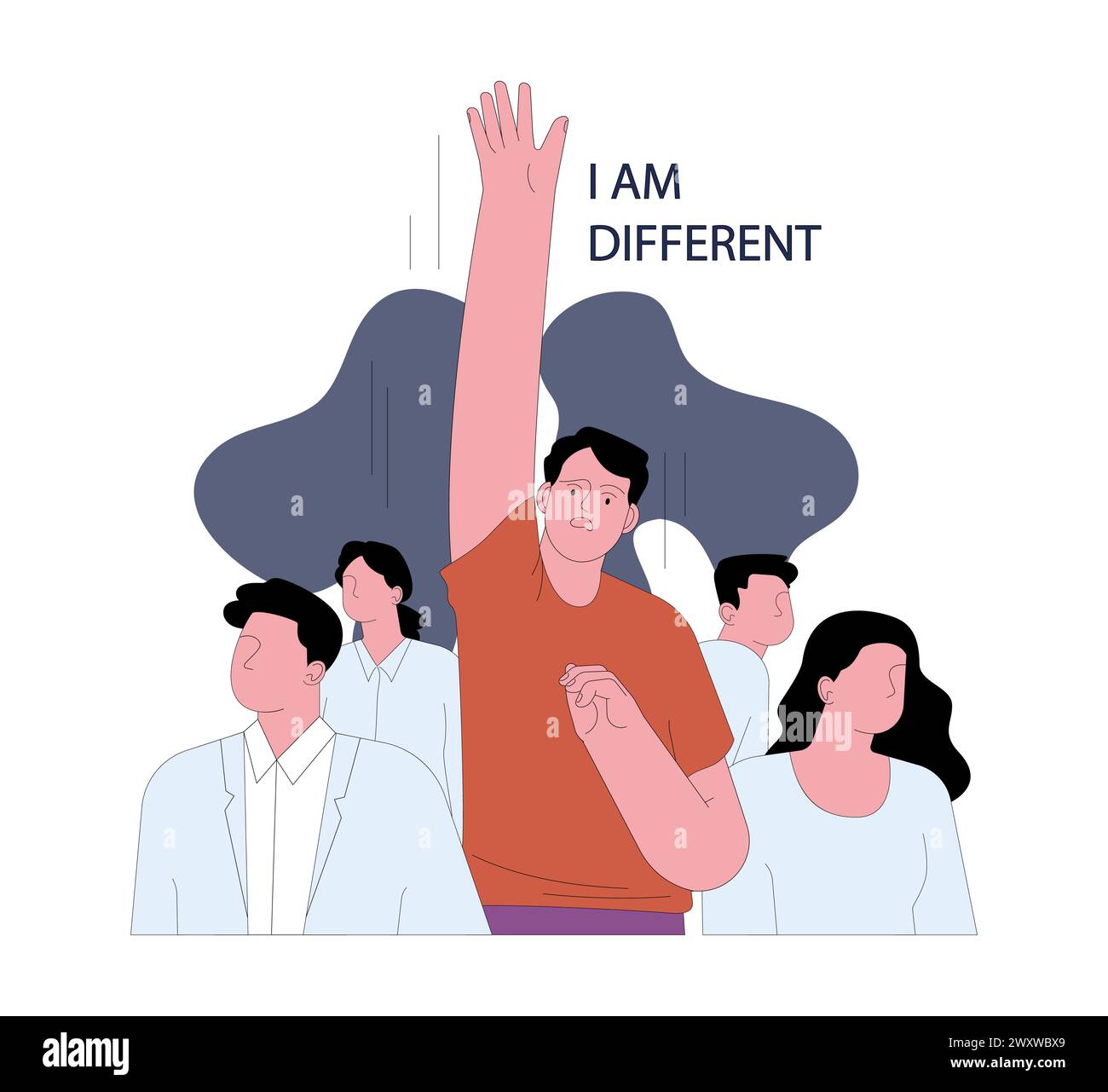 Fear of conformity. Emotional struggle and existential fear of embracing individuality in a conforming crowd. Frightened man jumping out of faceless people. Flat vector illustration Stock Vector