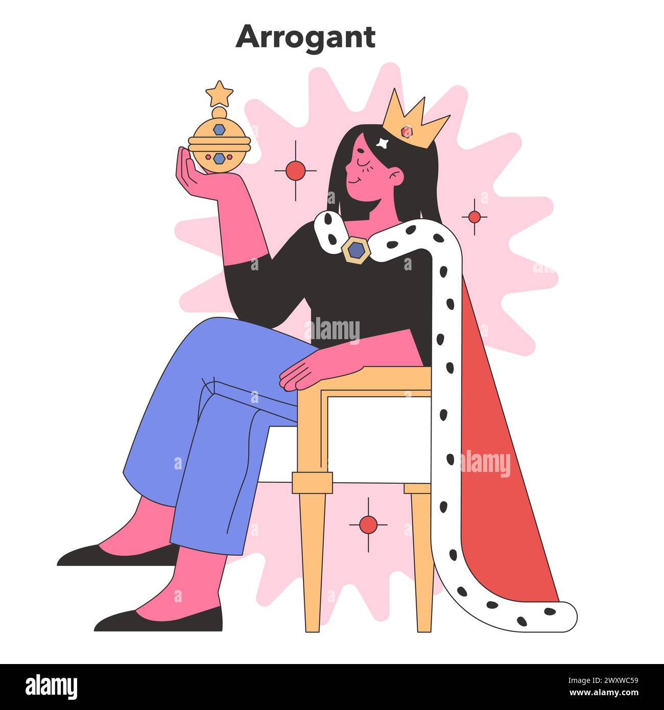 Arrogant Personality depiction. A smug figure with a crown, embodying superiority and self-importance. Flat vector illustration Stock Vector