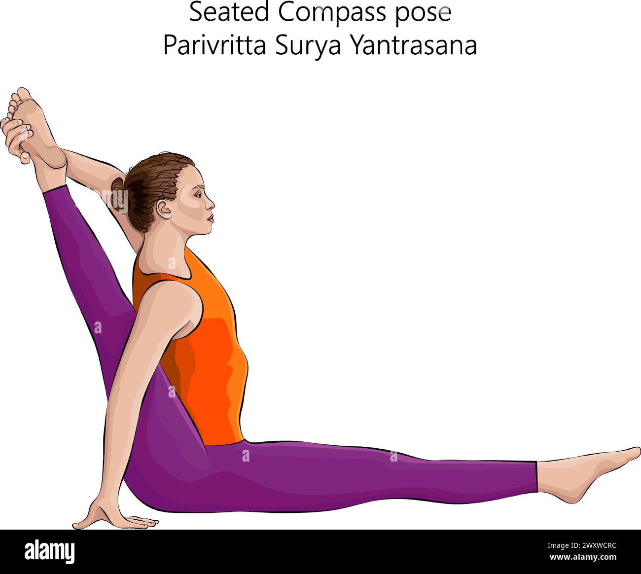 Young woman doing yoga Parivritta Surya Yantrasana. Seated Compass pose