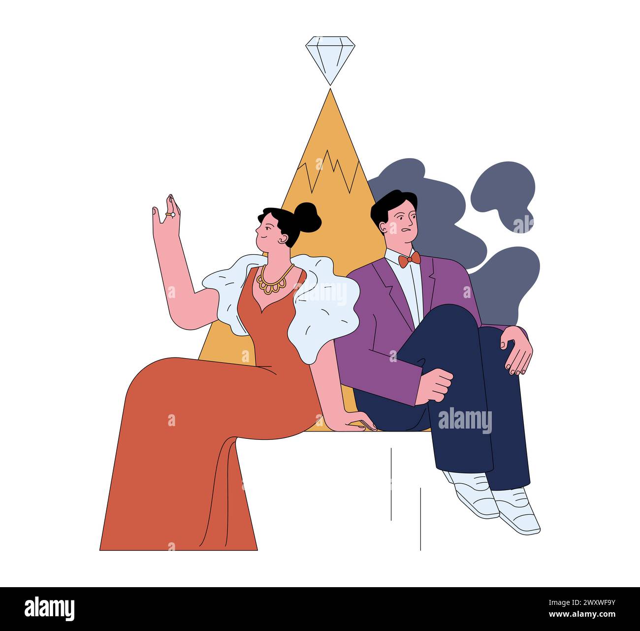 Fear of losing social status. Luxuries couple on a top of social hierarchy pyramid. Rich wealthy man scared of poverty and losing a status. Flat vector illustration Stock Vector