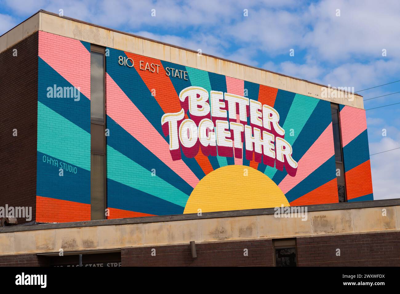 Rockford, Illinois - United States - March 28th, 2024: Downtown mural 'Better Together' by artists OhYa Studio-Ray Mawst and Brian Kehoe, painted in 2 Stock Photo