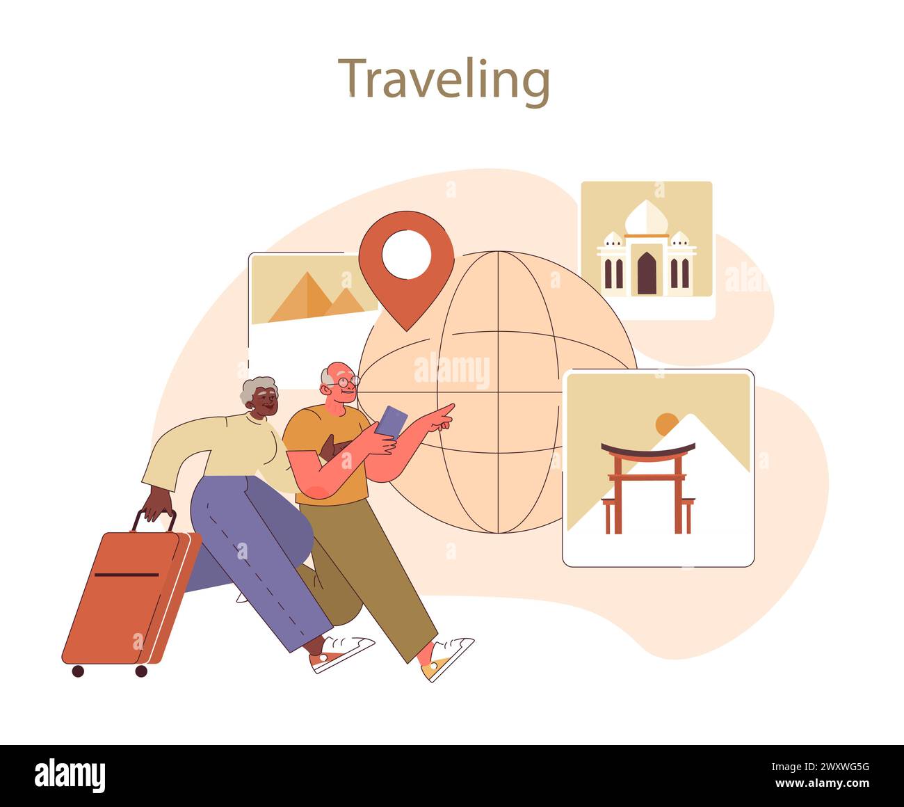 Retirees' Activities concept. Adventurous elderly couple with luggage sets off to explore the world, embracing global travel and cultural experiences. Stock Vector