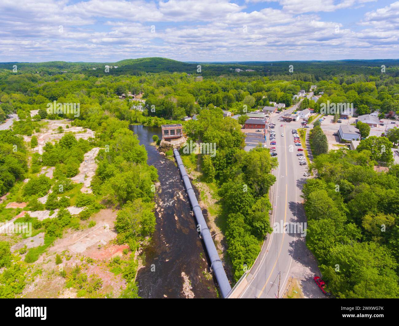 Nashua River and dam on the river at Pepperell historic town center