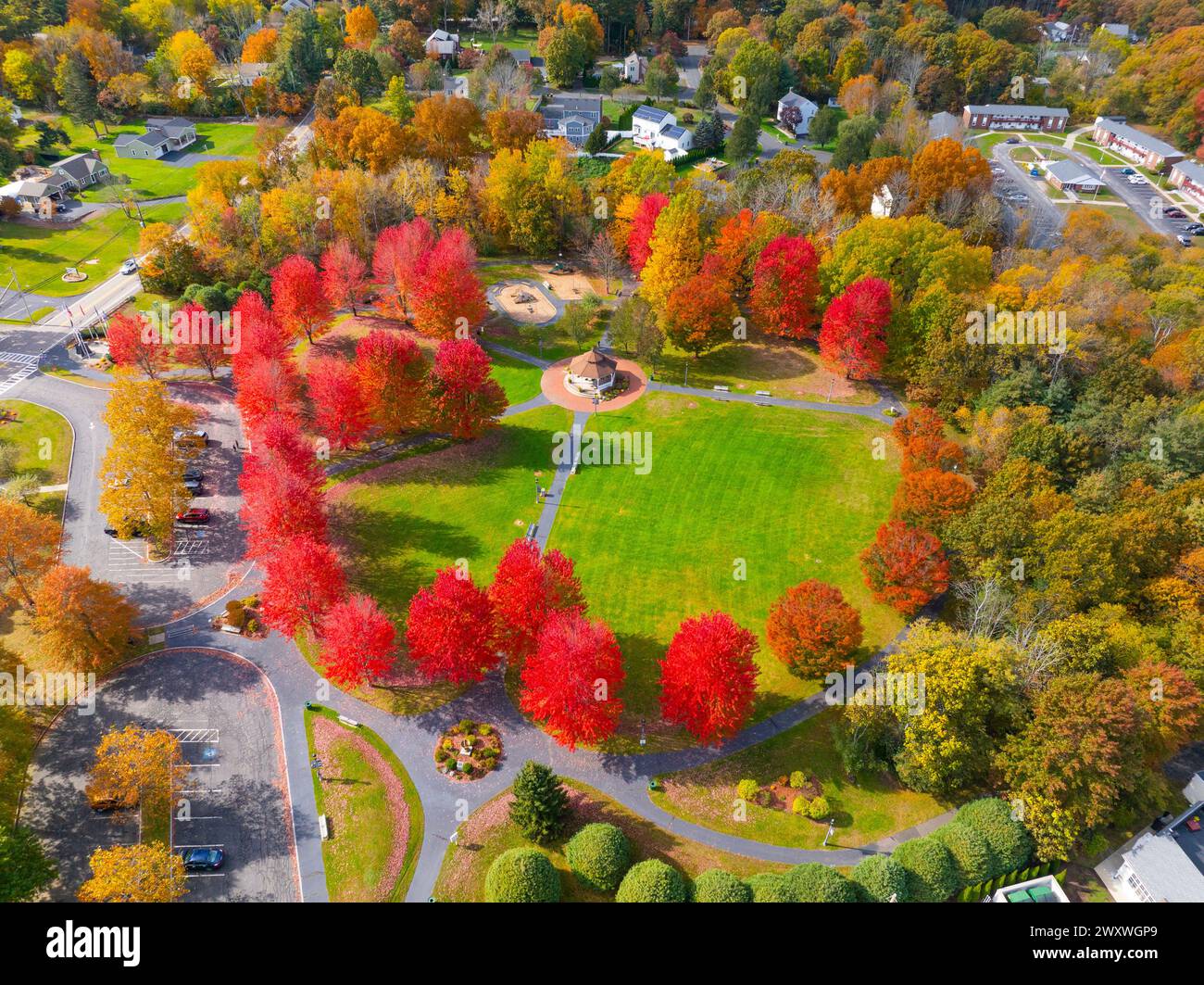 Bandstand aerial view at Bellingham Town Common in fall with maple trees at the background, historic town of Bellingham, Norfolk County, Massachusetts Stock Photo