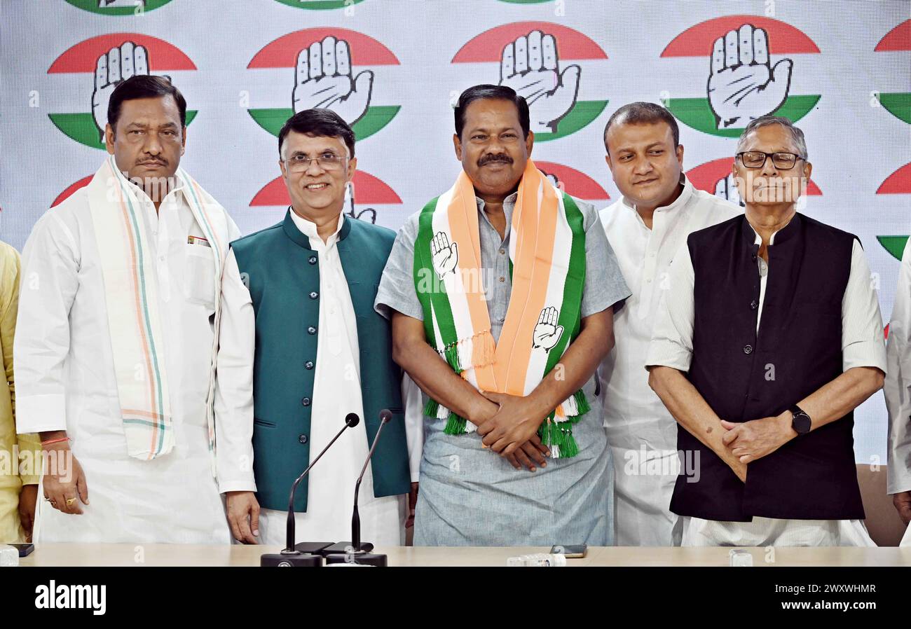 New Delhi, India. 02nd Apr, 2024. NEW DELHI, INDIA - APRIL 2: BJP sitting MP Ajay Nishad (c) to join Congress Party in presence of Mohan Prakash, Incharge, Bihar (R), Pawan Khera, Chairman, Media & Publicity (Comms Dept) (2L), Akhilesh Prasad Singh, MP & Bihar PCC president (L) and others at Congress headquarters on April 2, 2024 in New Delhi, India. (Photo by Sanjeev Verma/Hindustan Times/Sipa USA) Credit: Sipa USA/Alamy Live News Stock Photo