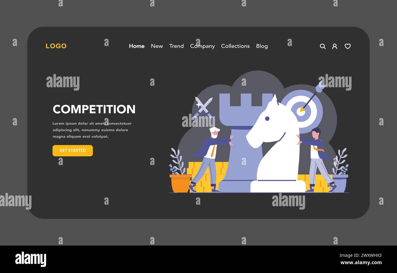 Competition night or dark mode web or landing page. Businesses engaging in strategic battles for market dominance. Chess pieces symbolize tactical corporate maneuvers. Vector illustration. Stock Vector