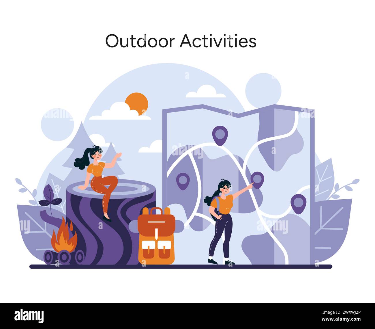 Outdoor Adventure set. Energetic family embarks on a hiking trip, equipped with a map and surrounded by nature's tranquility by a campfire. Vector illustration Stock Vector