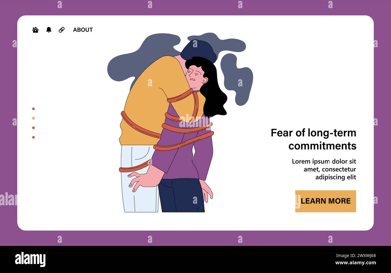 Fear of long-term commitment web or landing. Scared and anxious woman tied up to a man. Character with fear of romantic connection. Anxious and avoidant attachment in a relationship. Flat vector Stock Vector