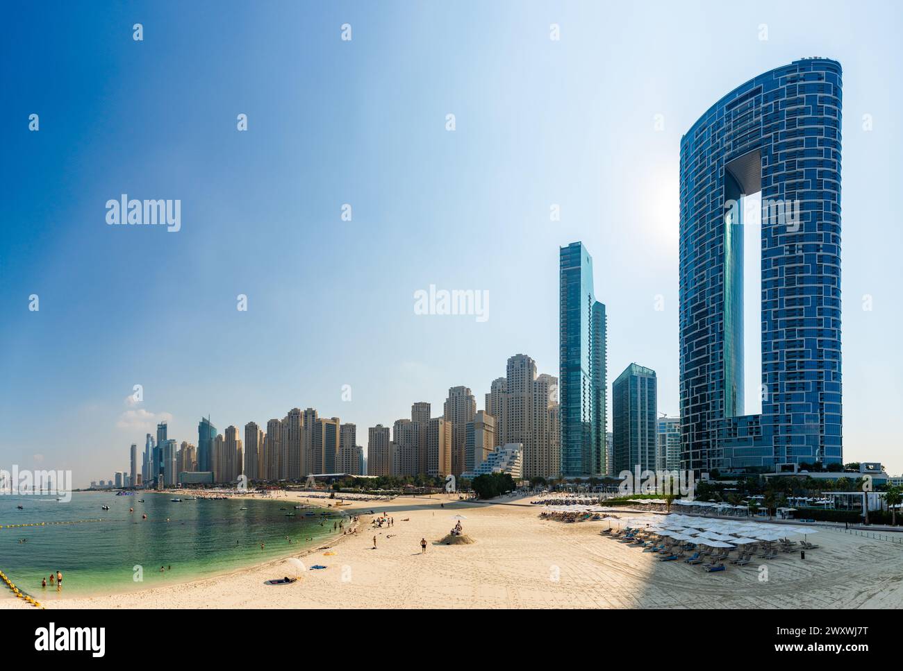 A picture of the Dubai Marina buindings, the Marina Beach and the large Address Beach Resort Hotel. Stock Photo
