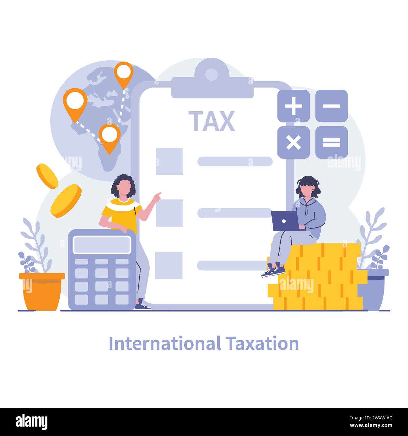 International Taxation concept. Experts navigate global fiscal policies, optimizing tax strategies for multinational operations. Financial stewardship across borders. Vector illustration. Stock Vector