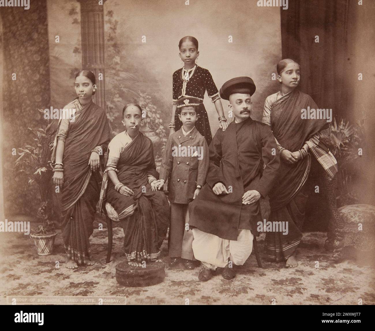 Bombay, Group of Brahmins, Parbu Caste, India.  1870s. Vintage India Photography Stock Photo