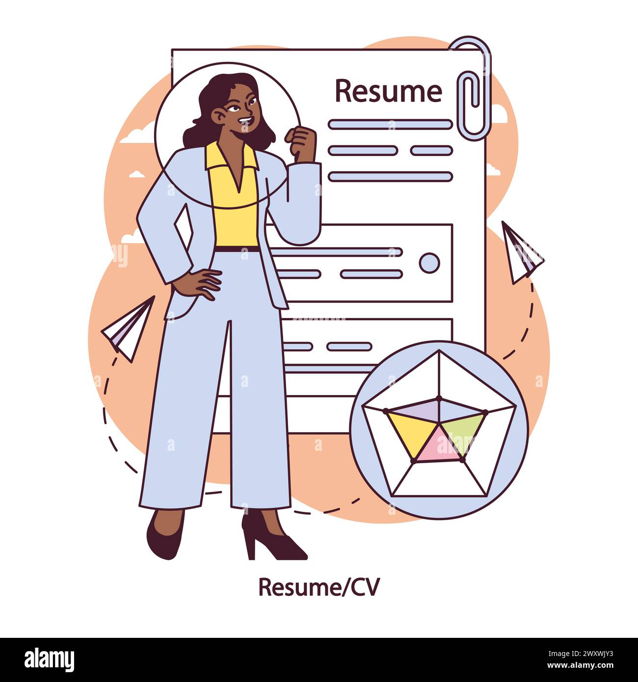 Resume Crafting Job seeker confidently - Resume Crafting Job Seeker Confidently Polishes Her Resume Ensuring Her Skills And Experience Shine For Potential Employers Vector Illustration 2WXWJY3 